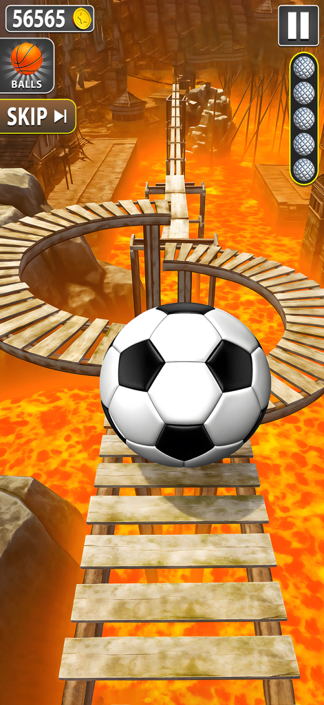 Rollance Sky Rolling Ball Game - Uma bola de futebol se equilibrando em uma pista de madeira estreita acima de lava incandescente.