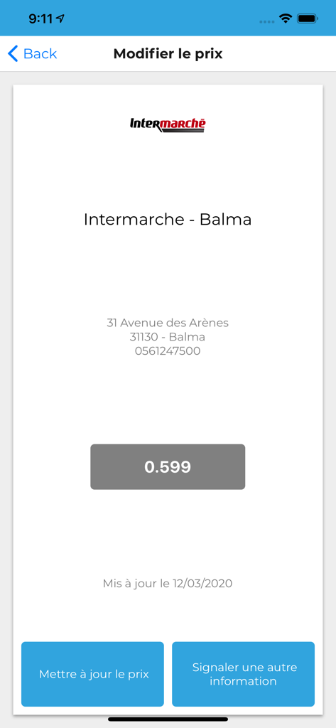 Mes Stations E85 3.0 - Oberfläche zur Aktualisierung von E85-Kraftstoffpreisen an einer Intermarche-Tankstelle.