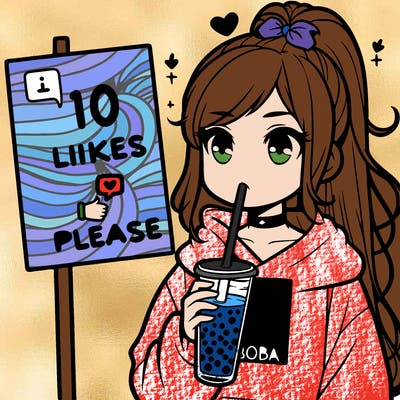 girl with a high ponytail and a hoodie drinking boba staring at a sign saying 10 likes please