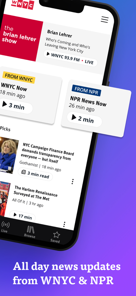 A smartphone displaying the WNYC app interface with various news updates from WNYC and NPR