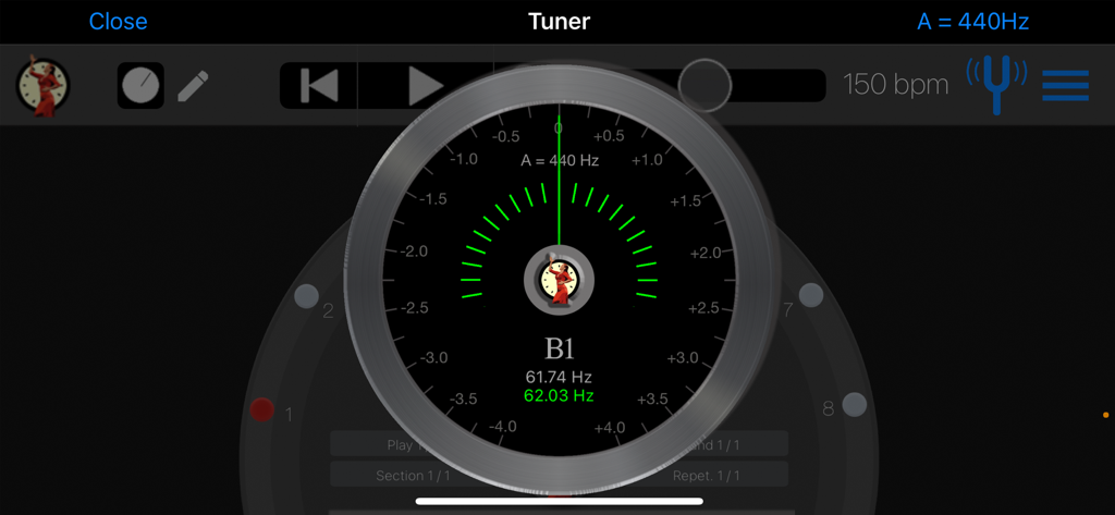 Compás Builder - Interfaz de afinador de guitarra de alta precisión en la aplicación de flamenco Compás Builder