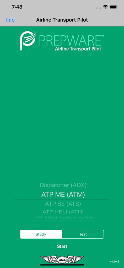 Prepware ATP - Prepware ATPのホーム画面。学習およびテスト用の試験選択が表示されています。