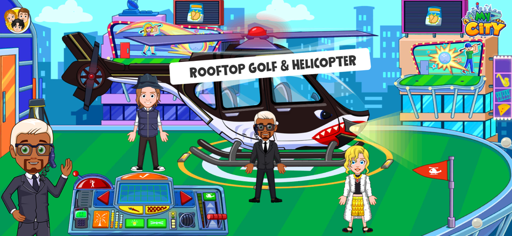 My City : Mansion - Characters on a mansion rooftop featuring a helicopter and a mini golf course