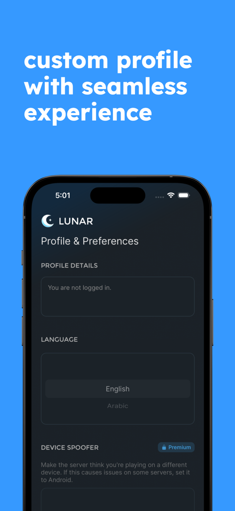 Lunar Proxy for Minecraft: PE - Lunar Proxy app profile and preferences screen showing language and device spoofer settings.