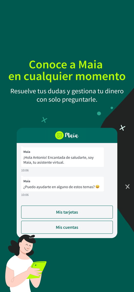 Ruralvía - Banca digital - Ruralvia banking app virtual assistant Maia interface showing chat options for cards and accounts