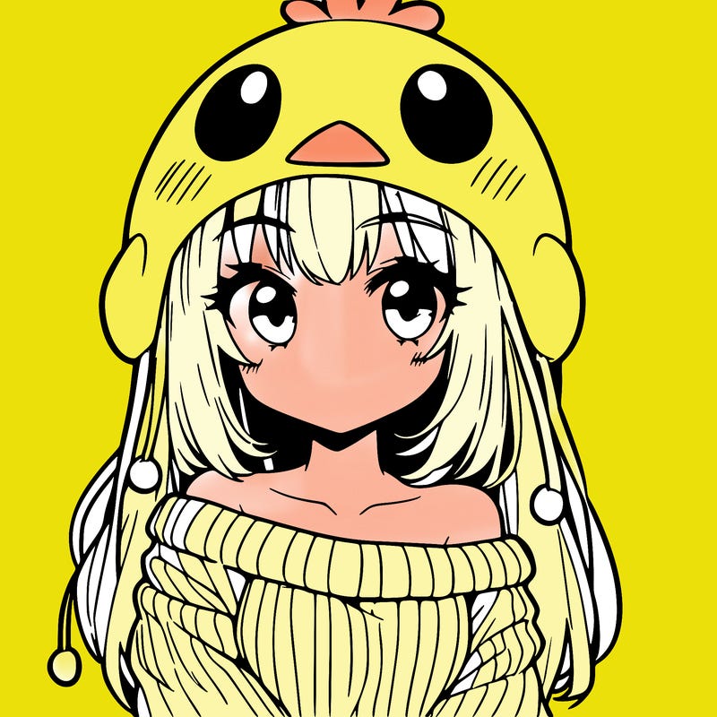 anime girl with chick shaped hat with sweater with bare shoulders with bangs covering them one eye with low tail