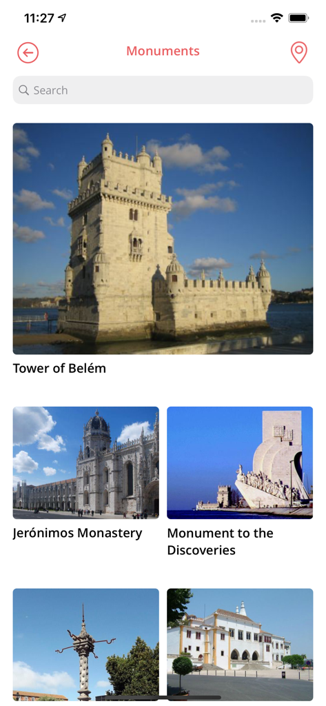 STAY HOTELS - Pantalla de la aplicación Stay Hotels que muestra monumentos portugueses famosos como la Torre de Belém y el Monasterio de los Jerónimos