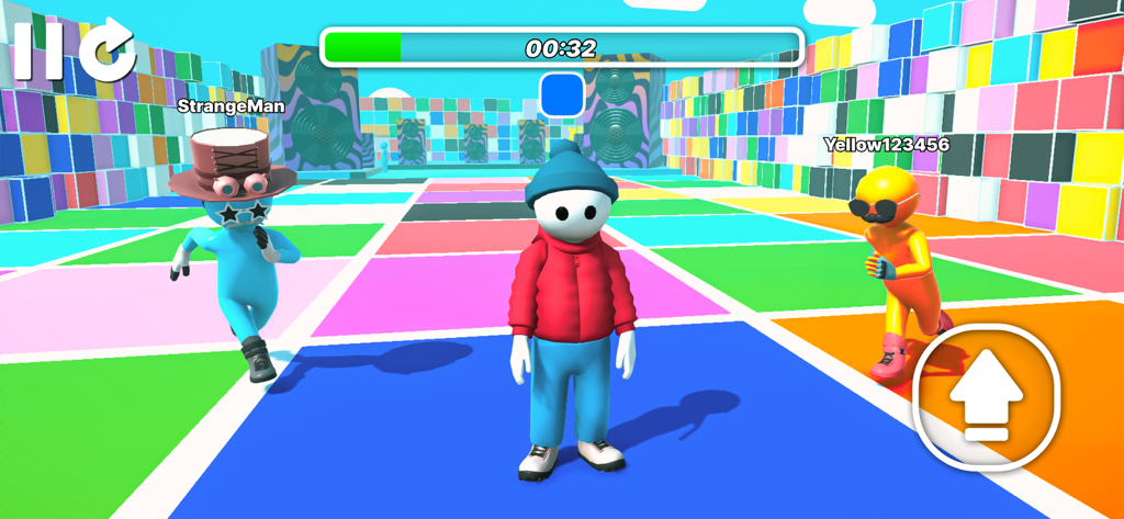 Mega Obby - Parkour Fun Run 3D - Three customized characters competing in a colorful 3D parkour obstacle course on a vibrant tiled floor.