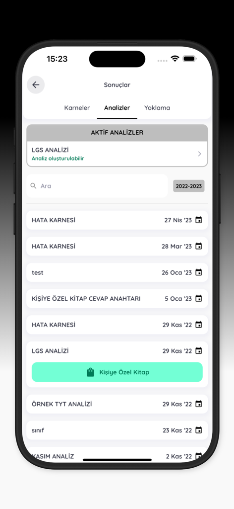 Kuzgun Eğitim - Mobile app interface showing exam results and academic performance analysis in Kuzgun Eğitim.
