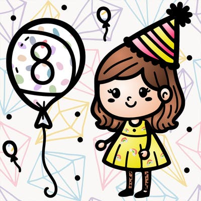 a girl with a party hat and an eight balloon next to them