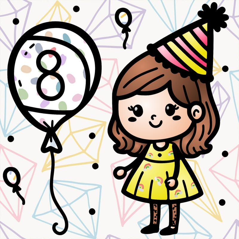 a girl with a party hat and an eight balloon next to them
