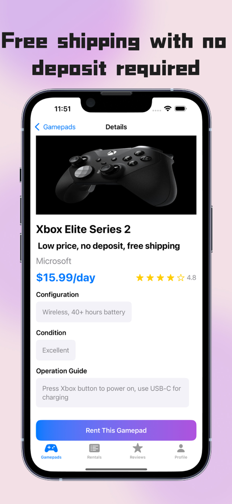 Controller Rental-Curated - Detalles de alquiler del mando Xbox Elite Series 2 con precio y oferta de envío gratuito