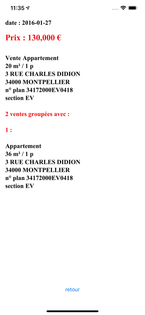 DVF - Detailed real estate transaction view in Montpellier showing sale price and apartment specifications