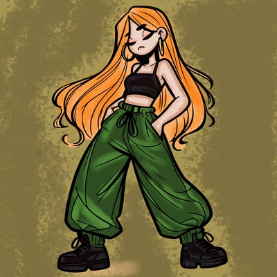 girl in baggy pants crop top and long hair
