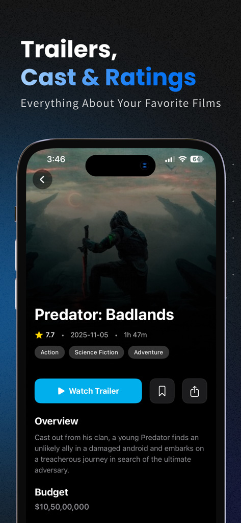 MovieBox app interface displaying movie details for Predator Badlands with ratings and trailers