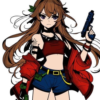 bad girl wearing crop top holding a gun long hair anime