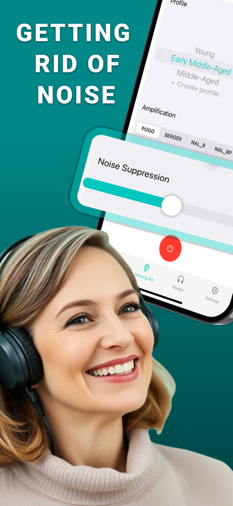 Uma mulher sorridente usando fones de ouvido e o recurso de supressão de ruído do aplicativo Hear Boost