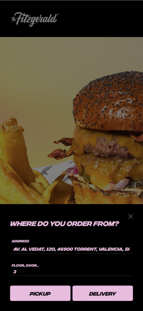 The Fitzgerald App - The Fitzgerald App screen for choosing between pickup and delivery options with an address entry field.
