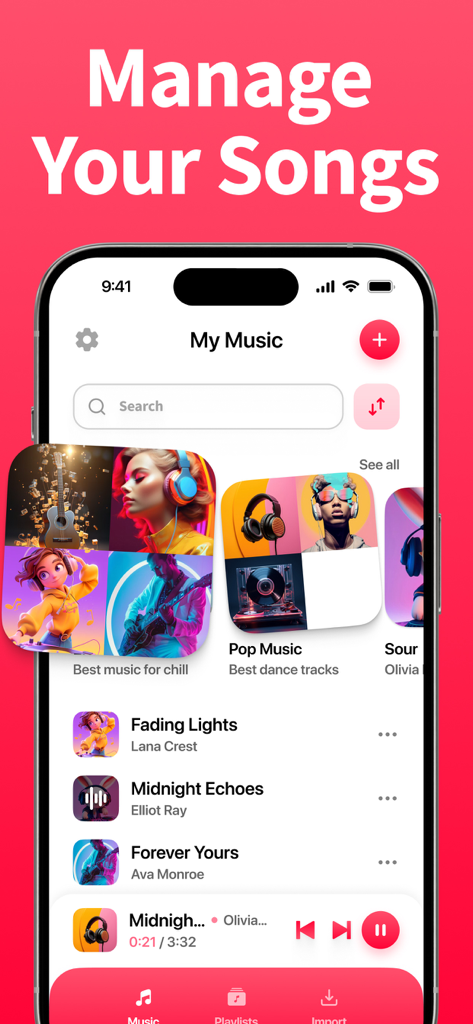 Interface of the Offline Music app showing a music library with song lists and playlist categories.