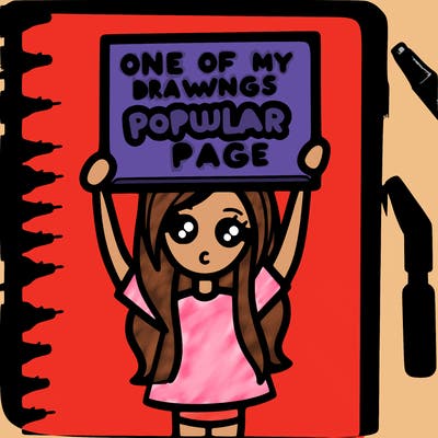girl holding sign that says one of my drawings are on the popular page