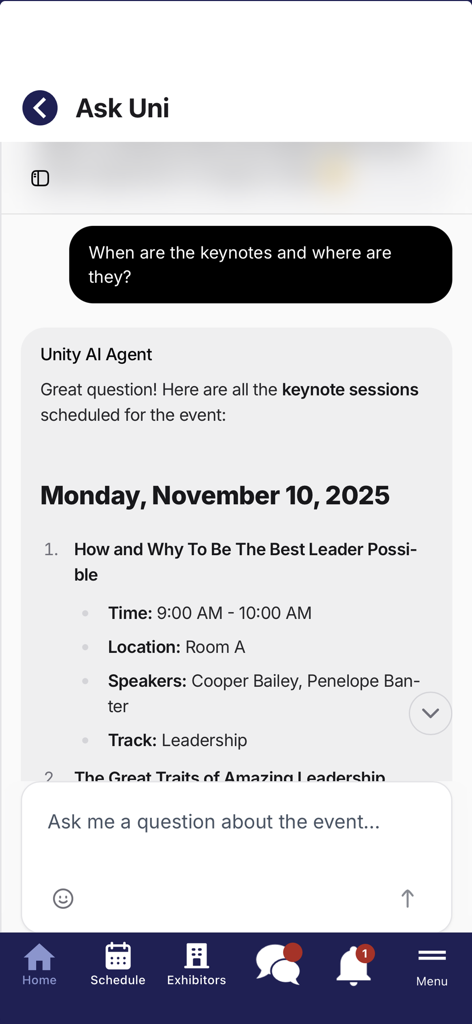 myShowApp - A chatbot interface called Ask Uni providing specific event keynote details like time and location.