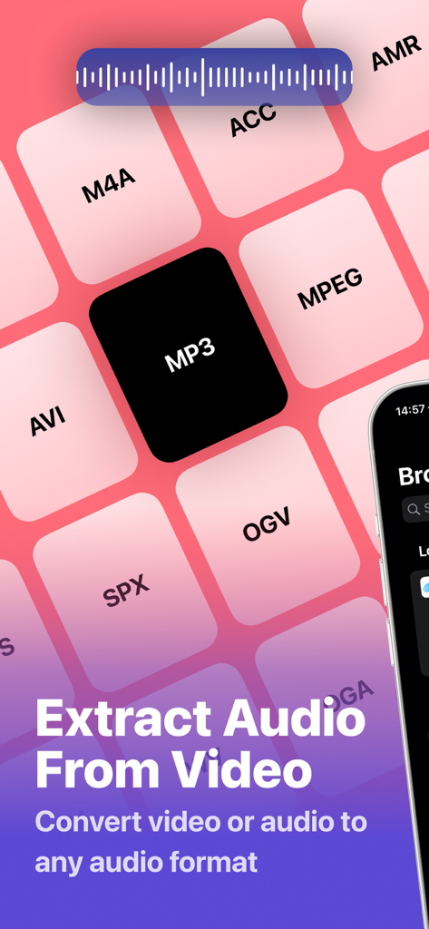 Interfaccia dell'app che mostra l'estrazione audio da video con opzioni di formato come MP3 e M4A