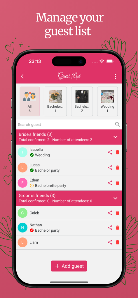 Interfaccia dell'app mobile per la gestione di una lista di invitati al matrimonio e il monitoraggio dello stato delle conferme per diversi eventi.