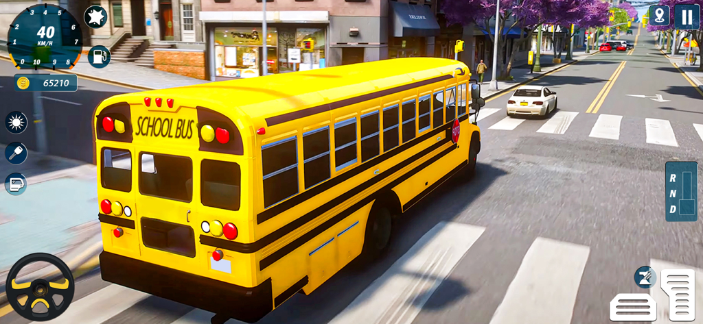 School Bus Driving Game 3D - A yellow school bus driving through a 3D city street in a mobile simulation game with on-screen steering and pedals.