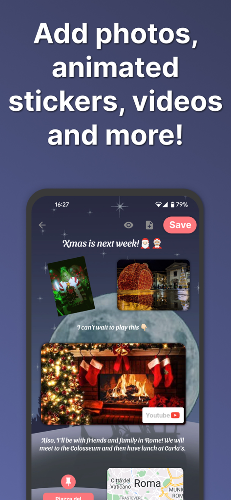My Secret Diary - Journal - Tela do smartphone mostrando uma entrada de diário digital com fotos, adesivos animados e conteúdo de vídeo.