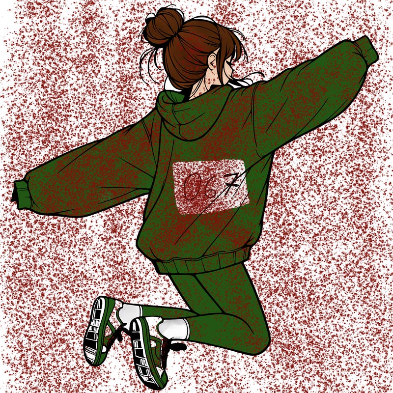 realistic girl jumping with a bun and oversized sweatshirt