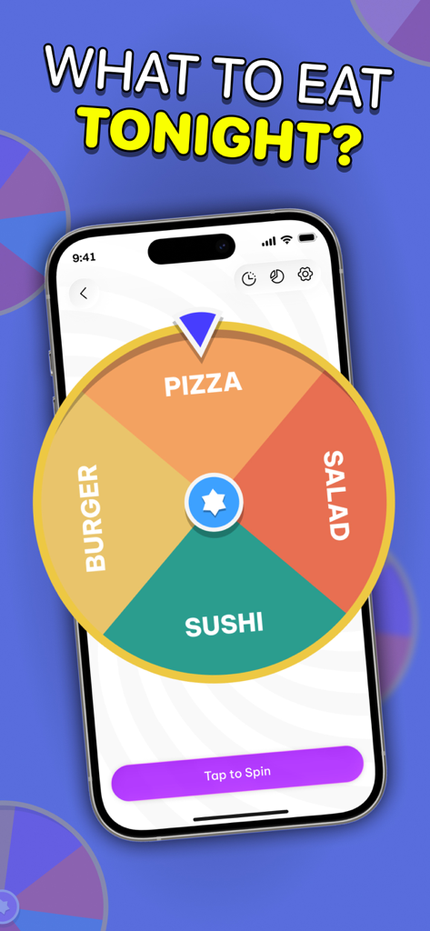 Decision - Spin Wheel - A smartphone screen showing a colorful decision wheel with food options like pizza, salad, sushi, and burger