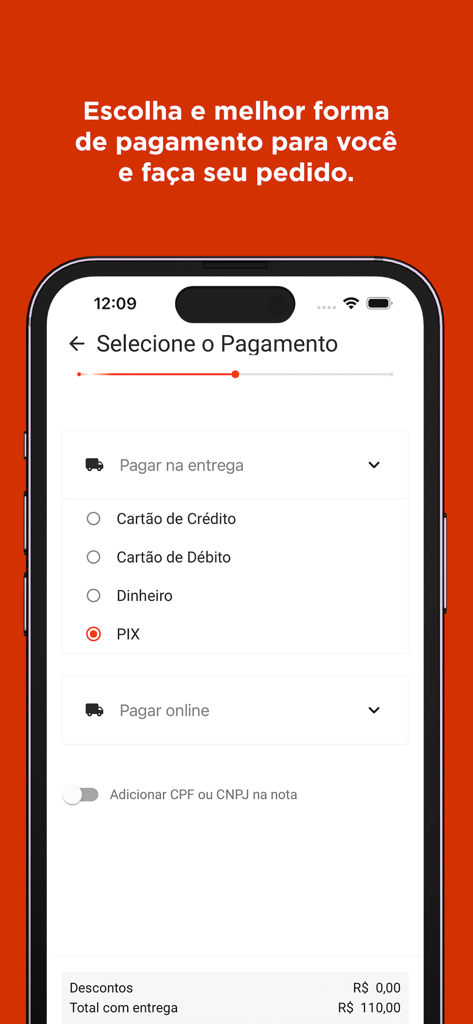 Pedir Gás | Supergasbras - Payment selection screen in the Supergasbras gas delivery app showing payment options including credit card cash and PIX