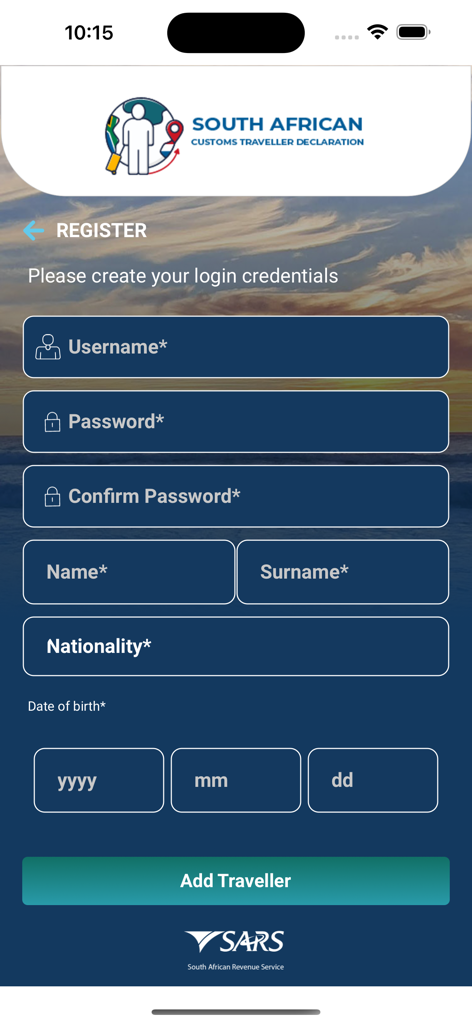 Registration page of the SA Traveller Management System app for customs declarations