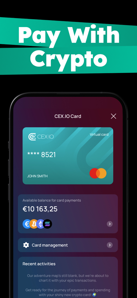 Interfaz de la aplicación CEX.IO que muestra una tarjeta Mastercard virtual para pagos con criptomonedas