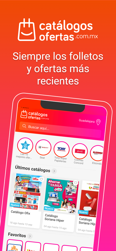 Catálogos y ofertas de México - Interface do aplicativo Catálogos e ofertas do México mostrando folhetos digitais e as últimas ofertas de compras