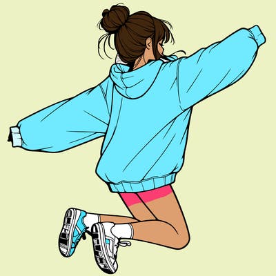 realistic girl jumping with a bun and oversized sweatshirt