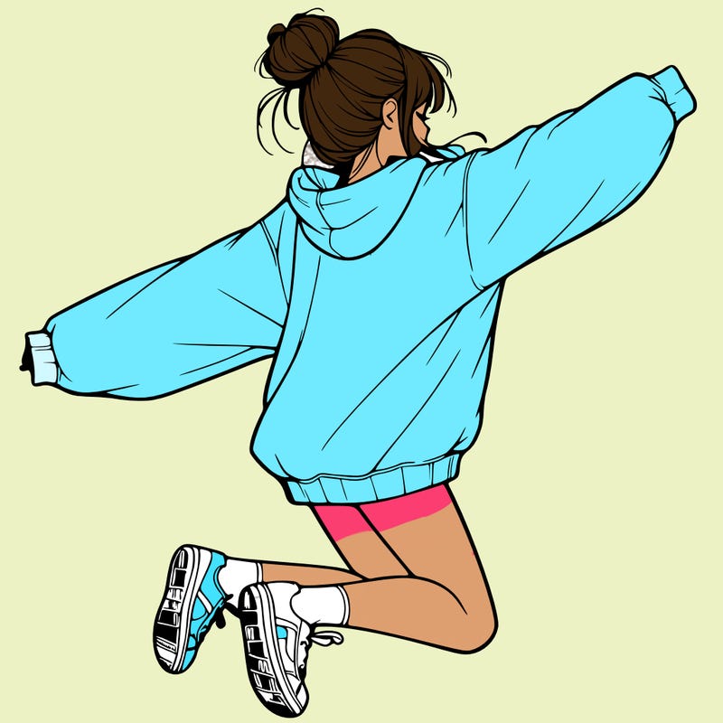 realistic girl jumping with a bun and oversized sweatshirt