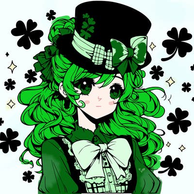 a manga-style girl with clovers around her, a little hat in her hair, like it's saint patrick's day