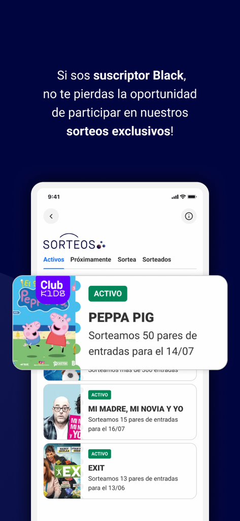 Club LA NACION - Pantalla de la app mostrando sorteos exclusivos de entradas para suscriptores Black de Club LA NACION