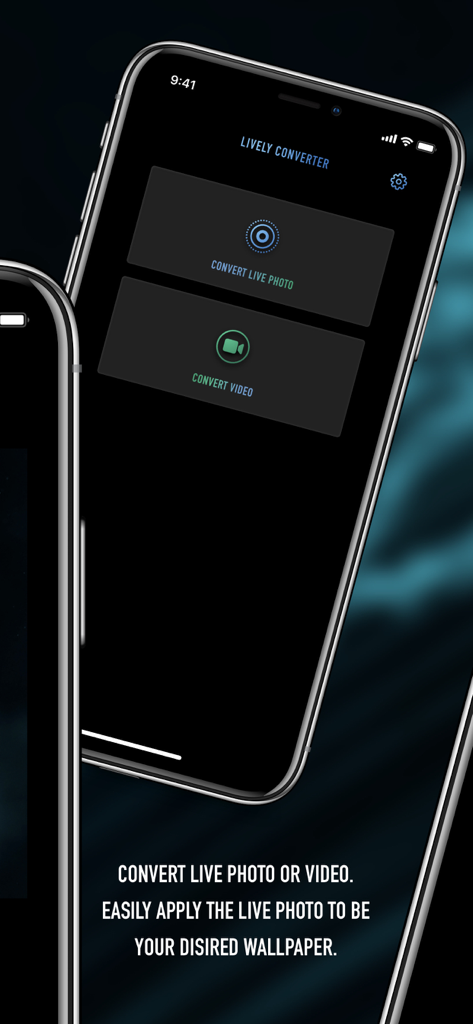 Screenshot of Lively Converter app showing the main menu with options to convert live photos and videos for custom wallpapers