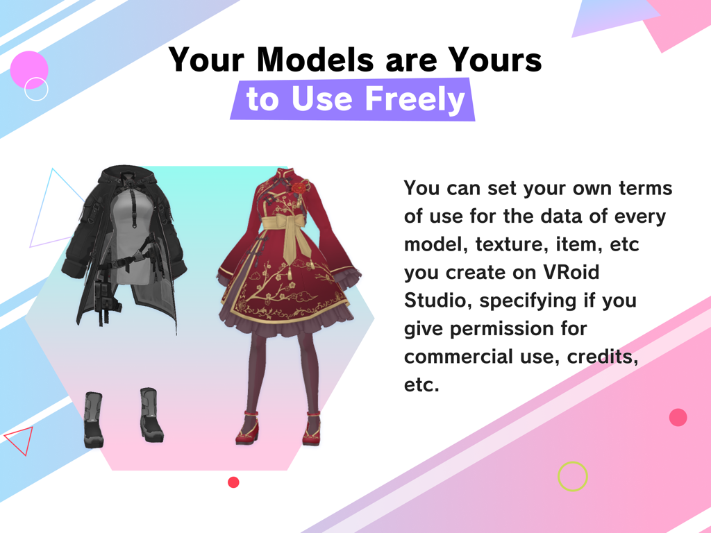 VRoid Studio - カスタマイズ可能な3Dアバターの衣装と、ユーザーが商用利用のために作成物の権利を所有していることを説明するテキストを表示するプロモーショングラフィック