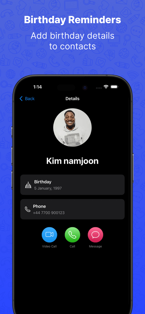 Pagina dettagli contatto in Who Called Plus che mostra un promemoria di compleanno per un contatto salvato