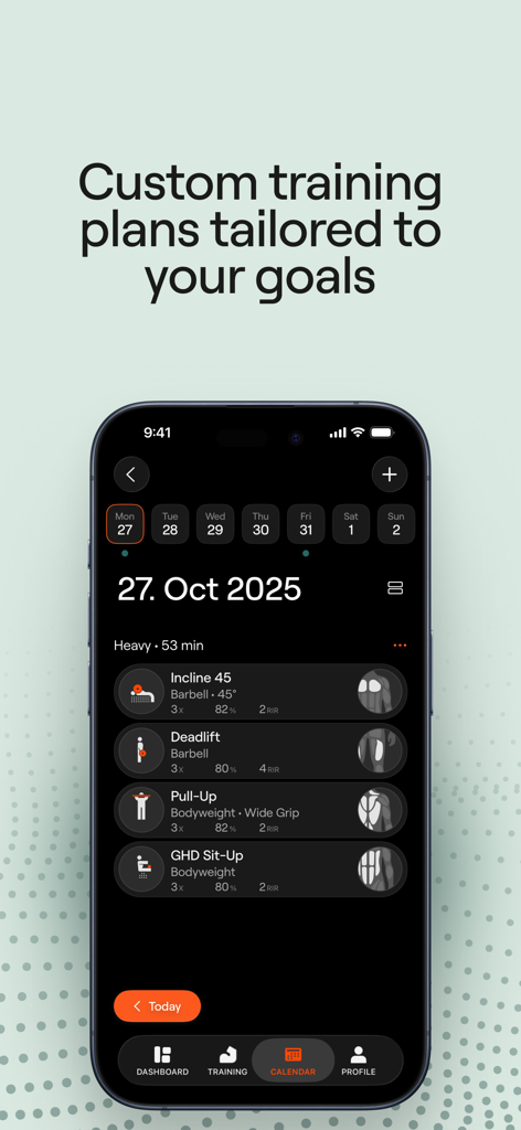 Enode - A mobile interface of the Enode app displaying a custom training plan with exercises like deadlifts and pull-ups scheduled on a calendar.