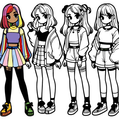 one girl with crop-top shirt and a jacket with a skirt, long socks and another girl with a shirt and pants with a jacket