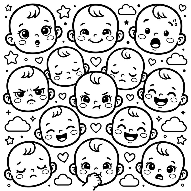 Dive into a world of cuteness with this delightful Kawaii Baby Expressions coloring page, showcasing a variety of adorable infant emotions. Perfect for a quick, joyful coloring session that will surely bring a smile to your face.