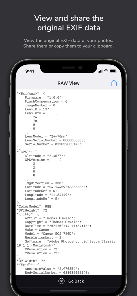 ImagExif 2 - edit exif data - Ein Screenshot der ImagExif 2 App, der detaillierte Roh-EXIF- und Metadaten für ein Foto auf einem iPhone anzeigt.