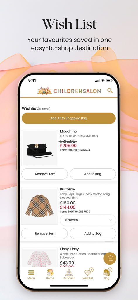 Childrensalon - The Childrensalon app wishlist interface showing saved designer items from Moschino and Burberry