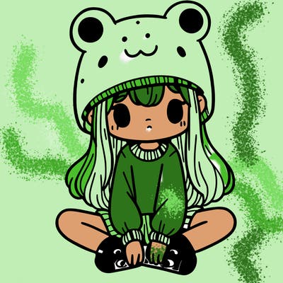 a girl wearing a frog hat and some frog socks