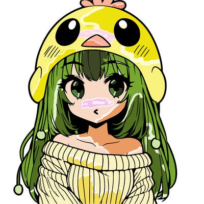 anime girl with chick shaped hat with sweater with bare shoulders with bangs covering them one eye with low tail