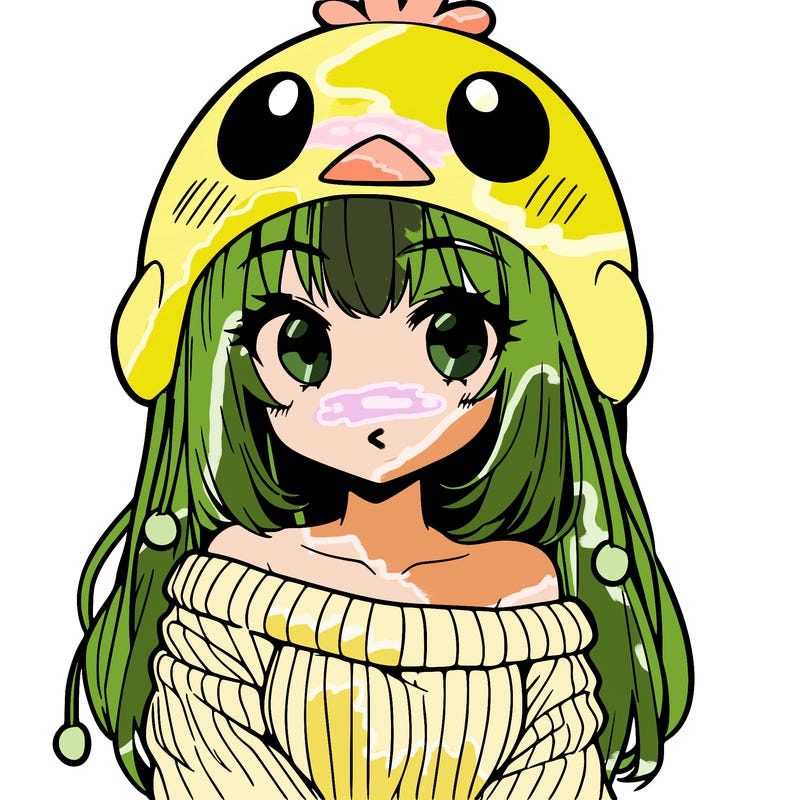 anime girl with chick shaped hat with sweater with bare shoulders with bangs covering them one eye with low tail
